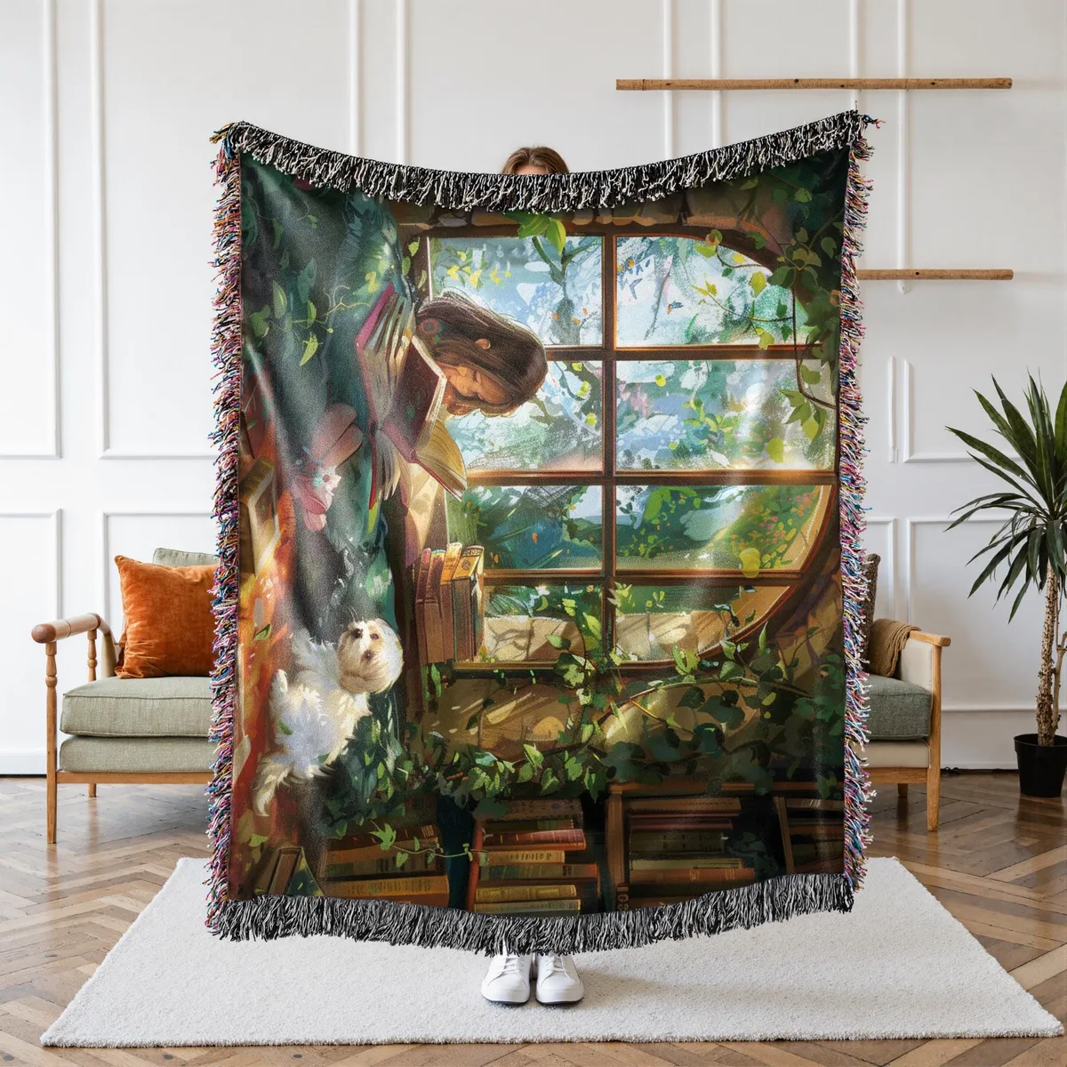 Whimsical Girl and Dog Woven Blanket — view 1